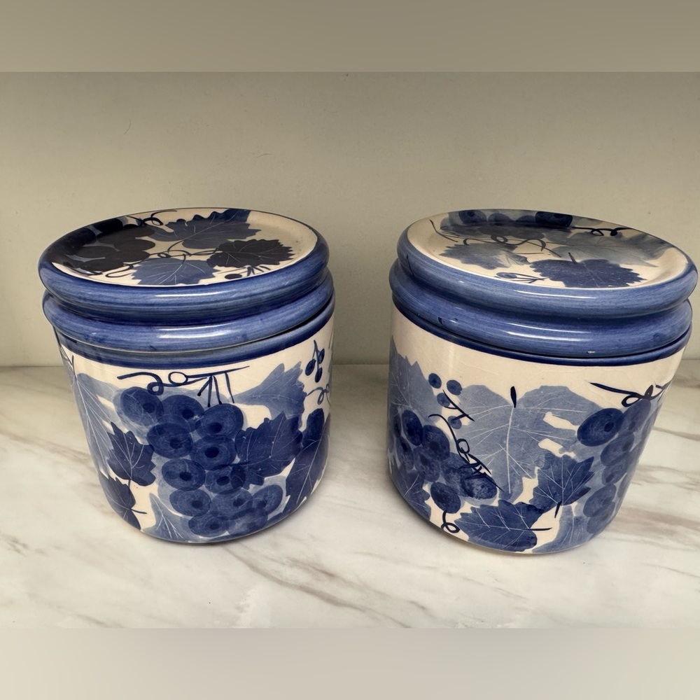 Vintage Pair of Hand Painted Blue & White Grapes & Vines Canisters + Lid